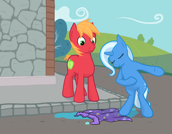 Size: 1280x999 | Tagged: safe, artist:manateemckenzie, big macintosh, trixie, earth pony, pony, g4, chivalry, feminism, male, puddle, reversed gender roles equestria, shipping, stallion, straight, trixie's cape, trixmac