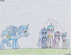 Size: 1024x799 | Tagged: safe, artist:cloudsabovedawn, coco pommel, princess celestia, princess luna, rarity, alicorn, pony, g4, crossover, crossover shipping, female, heart, male, ponified, rarisonic, request, shipping, sonic gets all the mares, sonic the hedgehog, sonic the hedgehog (series), soniclestia, sonicluna, sonicpommel, straight, traditional art