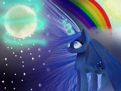 Size: 1600x1200 | Tagged: safe, artist:sugarsketch, princess luna, g4, female, looking up, magic, moon, rainbow, solo, spread wings