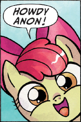 Size: 403x603 | Tagged: safe, artist:agnesgarbowska, edit, apple bloom, earth pony, pony, g4, spoiler:comic, spoiler:comic31, close-up, face, female, filly, foal, happy, hi anon, meme, speech bubble