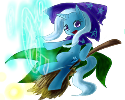Size: 602x484 | Tagged: safe, artist:hashioaryut, trixie, pony, unicorn, g4, broom, cape, clothes, female, flying, flying broomstick, hat, looking at you, magic, mare, open mouth, simple background, sitting, smiling, solo, trixie's hat, white background, witch hat