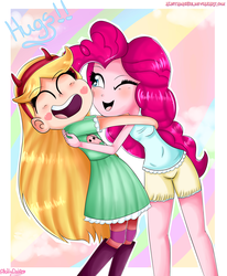 Size: 2848x3458 | Tagged: dead source, safe, artist:vixelzf, pinkie pie, human, equestria girls, g4, clothes, crossover, high res, hug, star butterfly, star vs the forces of evil, tank top