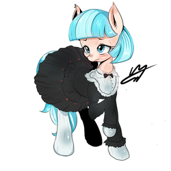 Size: 2000x2000 | Tagged: safe, artist:kyodashiro, coco pommel, earth pony, pony, g4, female, high res, lolita fashion, mare, raised hoof, simple background, solo, white background