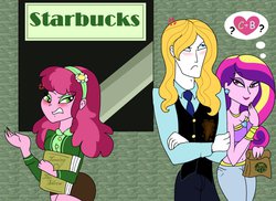 Size: 1047x764 | Tagged: safe, artist:purfectprincessgirl, cheerilee, prince blueblood, princess cadance, equestria girls, g4, belly button, blushing, equestria girls-ified, jealous, midriff, princess of love, shipper on deck, stain, starbucks
