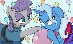 Size: 1600x954 | Tagged: safe, artist:foudubulbe, edit, editor:dsp2003, maud pie, trixie, earth pony, pony, unicorn, comic:damp rocks, g4, :t, annoyed, balloon, blowing, blowing up balloons, clothes, cute, dress, earring, female, floppy ears, frown, glare, inflating, lesbian, mare, party, piercing, poking, puffy cheeks, retouched, ship:mauxie, shipping, upscaled, wide eyes