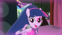 Size: 1326x745 | Tagged: safe, screencap, twilight sparkle, human, equestria girls, g4, my little pony equestria girls: rainbow rocks, perfect day for fun, bare shoulders, female, looking at you, microphone, open mouth, open smile, ponied up, rainbow rocks outfit, sleeveless, smiling, solo, turning to you, twilight sparkle (alicorn)