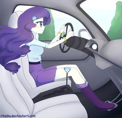 Size: 910x879 | Tagged: safe, artist:riouku, rarity, equestria girls, g4, beautiful, beauty, boots, car, car interior, clothes, diamond, driver, driving, female, offscreen character, pedal, pov, skirt, sky, smiling, solo, tree