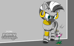 Size: 1920x1200 | Tagged: safe, artist:fuzon-s, zecora, zebra, g4, crossover, cute, female, flower, fuzon is trying to murder us, looking down, pony channel, sketch, smiling, solo, sonic channel, sonic the hedgehog (series), style emulation, sweet dreams fuel, wallpaper, yuji uekawa style, zecorable