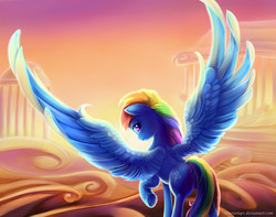 Size: 2000x1572 | Tagged: safe, artist:viwrastupr, rainbow dash, g4, cloudsdale, female, looking at you, looking back, rear view, solo, spread wings, underhoof