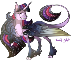 Size: 1280x1072 | Tagged: safe, artist:thepoisonjackal, twilight sparkle, alicorn, classical unicorn, pony, g4, cloven hooves, colored wings, female, horn, horns, leonine tail, multicolored wings, nose horn, smiling, solo, stars, twilight sparkle (alicorn), unshorn fetlocks