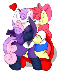 Size: 1601x2005 | Tagged: safe, artist:blackbewhite2k7, apple bloom, mare do well, sweetie belle, g4, blushing, female, hoof gloves, kissing, lesbian, ship:sweetiebloom, shipping, superfilly, supergirl, sweetie do well