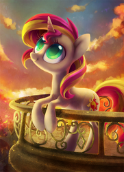Size: 929x1282 | Tagged: safe, artist:dawnfire, sunset shimmer, pony, unicorn, g4, afternoon, balcony, beautiful, bipedal, colored pupils, cute, cutie mark, female, horn, looking up, smiling, solo