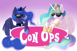 Size: 1500x1000 | Tagged: safe, artist:pusspuss, princess celestia, princess luna, g4, lip bite, sunglasses