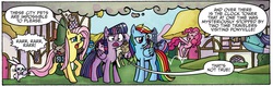 Size: 1864x588 | Tagged: safe, artist:agnesgarbowska, idw, official comic, angel bunny, doctor whooves, fluttershy, pinkie pie, rainbow dash, roseluck, time turner, twilight sparkle, alicorn, cat, earth pony, pegasus, pony, rabbit, g4, spoiler:comic, spoiler:comic31, animal, back to the future, camera, cropped, doctor who, female, mare, meta, pronking, reference, speech bubble, tenth doctor, time travel, twilight sparkle (alicorn)