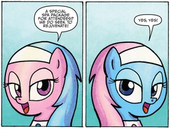 Size: 1273x964 | Tagged: safe, artist:agnes garbowska, idw, aloe, lotus blossom, friendship is magic #31, g4, spoiler:comic, bedroom eyes, comic, spa twins