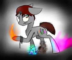 Size: 1024x853 | Tagged: safe, artist:shira13, pony, beanie, chains, delsin rowe, hat, infamous, infamous second son, male, neon, ponified, smoke, solo, spray can, video game
