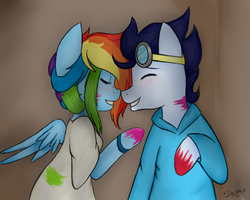 Size: 1000x800 | Tagged: safe, artist:shulmix, rainbow dash, soarin', anthro, g4, female, happy, male, nuzzling, paint, paint on fur, ship:soarindash, shipping, straight