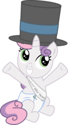 Size: 2534x4658 | Tagged: safe, artist:eagle1division, sweetie belle, pony, unicorn, g4, baby, cloth diaper, diaper, female, filly, foal, hat, new year, safety pin, sash, simple background, solo, top hat, transparent background, vector