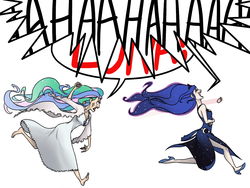 Size: 1600x1200 | Tagged: safe, artist:thelivingmachine02, princess celestia, princess luna, human, g4, barefoot, celestia is not amused, chase, clothes, crying, dialogue, dress, eyes closed, face doodle, feet, female, hair curlers, high heels, humanized, laughing, nail polish, nightgown, open mouth, princess luna is amused, running, sibling rivalry, siblings, simple background, sisters, skinny, smiling, tears of laughter, thin, this will end in tears and/or a journey to the moon, throwing, trolluna, varying degrees of amusement, white background, yelling