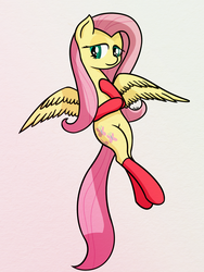 Size: 1500x2000 | Tagged: safe, artist:mang, fluttershy, g4, bedroom eyes, clothes, cute, female, flying, simple background, smiling, socks, solo, spread wings, white background