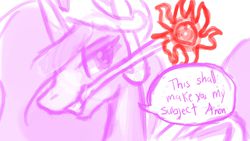 Size: 1920x1080 | Tagged: safe, artist:anonymous, princess celestia, oc, oc:anon, alicorn, pony, g4, bedroom eyes, branding, branding iron, dialogue, female, i can't believe it's not johnjoseco, mare, mouth hold, sketch, smirk, solo