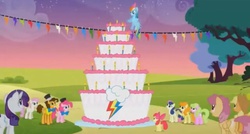 Size: 960x516 | Tagged: safe, screencap, apple bloom, applejack, bon bon, carrot top, cheese sandwich, daisy, dizzy twister, flower wishes, golden harvest, orange swirl, pinkie pie, rainbow dash, rarity, sweetie drops, twinkleshine, earth pony, pegasus, pony, unicorn, g4, pinkie pride, birthday cake, butt, cake, female, food, low quality, male, mare, needs more jpeg, plot, stallion