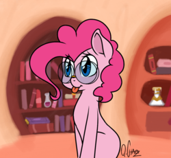 Size: 967x891 | Tagged: safe, artist:quarantinedchaoz, pinkie pie, earth pony, pony, g4, cute, female, glasses, golden oaks library, library, meganekko, sitting, solo, tongue out