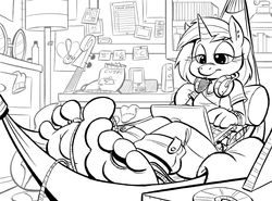 Size: 1280x946 | Tagged: safe, artist:kuroi-wolf, dj pon-3, vinyl scratch, anthro, plantigrade anthro, g4, barefoot, computer, cute, feet, female, fetish, foot fetish, hammock, laptop computer, monochrome, soles, solo, toes