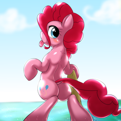 Size: 1000x1000 | Tagged: dead source, safe, artist:ushiro no kukan, pinkie pie, earth pony, pony, g4, beach, bipedal, blushing, butt, dock, female, looking at you, looking back, ocean, plot, solo, tongue out, towel