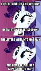 Size: 606x1057 | Tagged: safe, screencap, rarity, pony, unicorn, g4, female, happy, horn, image macro, mare, martha lorraine, martha speaks, meme, solo, voice actor joke