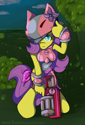 Size: 1200x1766 | Tagged: safe, artist:carriepika, fluttershy, anthro, g4, armor, armpits, clothes, female, gun, solo, spiral knights