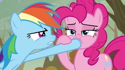 Size: 1679x945 | Tagged: safe, screencap, pinkie pie, rainbow dash, g4, tanks for the memories, hoof hold, hoof in mouth, out of context, unamused