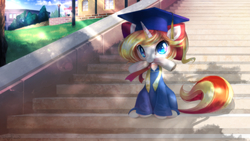 Size: 1920x1080 | Tagged: safe, artist:takuyarawr, oc, oc only, oc:fantasy incantation, pony, unicorn, clothes, crepuscular rays, cute, diploma, graduation, graduation cap, hat, looking at you, mouth hold, nom, shade, sitting, smiling, solo, stairs