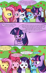 Size: 700x1105 | Tagged: safe, artist:solar-slash, fluttershy, pinkie pie, rainbow dash, rarity, twilight sparkle, g4, the super speedy cider squeezy 6000, comic, dialogue, speech bubble