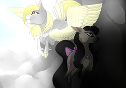 Size: 1280x896 | Tagged: safe, artist:thepoisonjackal, derpy hooves, octavia melody, earth pony, pegasus, pony, g4, bowtie, contrast, dark, duo, feather, feathered fetlocks, female, light, mare, purple, tail bow, tail feathers, yellow