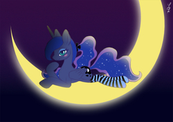 Size: 900x633 | Tagged: safe, artist:yokku11nyan, princess luna, g4, clothes, female, moon, socks, solo, tangible heavenly object