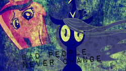 Size: 1366x768 | Tagged: safe, artist:alexstrazse, artist:andreasemiramis, artist:twilightanddashie, queen chrysalis, alicorn, changeling, changeling queen, pony, g4, disguise, disguised changeling, fake cadance, female, grunge, quote, vector, wallpaper