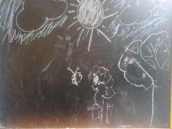 Size: 2048x1536 | Tagged: safe, pinkie pie, butterfly, g4, black and white, chalk, cloud, cloudy, grayscale, sun, traditional art