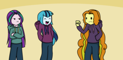 Size: 1662x812 | Tagged: safe, artist:tonecolour12, adagio dazzle, aria blaze, sonata dusk, equestria girls, g4, alternate hairstyle, annoyed, clothes, crossed arms, cute, eyes closed, fist, frown, hoodie, loose hair, open mouth, smiling, the dazzlings
