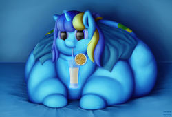 Size: 2800x1900 | Tagged: safe, artist:jesseorange, oc, oc only, oc:jester bells, pony, unicorn, chubby cheeks, cocktail, fat, impossibly large belly, impossibly large butt, indoors, magic, morbidly obese, night, obese, sheet, solo, telekinesis, watching