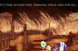 Size: 1222x812 | Tagged: safe, edit, rarity, g4, twilight's kingdom, context is for the weak, crossover, doctor who, fight, fire, photoshop, rainbow power, rivalry, rome, sixth doctor, tardis, time travel