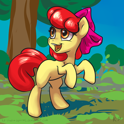 Size: 1500x1500 | Tagged: safe, artist:kp-shadowsquirrel, apple bloom, earth pony, pony, g4, adorabloom, blank flank, bow, cute, female, filly, foal, hair bow, open mouth, raised hoof, rearing, solo, tree