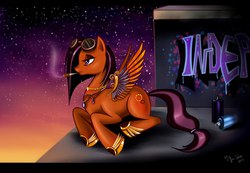 Size: 1280x888 | Tagged: safe, artist:das_leben, oc, oc only, pegasus, pony, fanart, graffiti, smoking, solo, steampunk