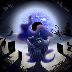 Size: 5000x5000 | Tagged: safe, artist:duop-qoub, princess luna, bird, g4, absurd resolution, chest fluff, eye, female, floppy ears, mare, scissors, sitting, solo, spread wings, surreal, wavy mouth