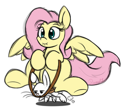 Size: 1400x1250 | Tagged: safe, artist:ramott, angel bunny, fluttershy, pony, g4, :i, context is for the weak, fluttershy riding angel, reins, riding, simple background, underhoof, wat, we bought two cakes, white background