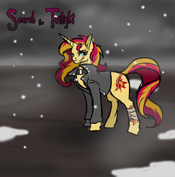 Size: 934x947 | Tagged: safe, artist:alorix, sunset shimmer, pony, unicorn, equestria girls, g4, clothes, jacket, leather jacket, search for twilight, snow, snowfall