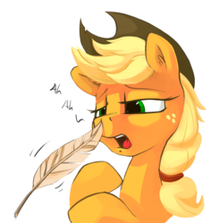 Size: 1024x1047 | Tagged: safe, artist:dimfann, applejack, earth pony, pony, g4, feather, female, mare, pre sneeze, simple background, sneezing, solo, tickling, transparent background