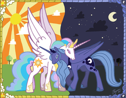 Size: 653x509 | Tagged: safe, artist:kiguren, princess celestia, princess luna, g4, moon, s1 luna, sisters, sun