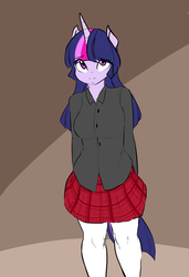 Size: 1201x1752 | Tagged: safe, artist:glacierclear, twilight sparkle, anthro, g4, clothes, female, school uniform, schoolgirl, skirt, solo, stockings