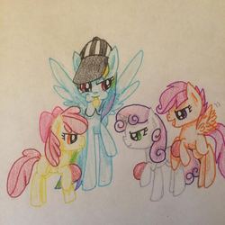 Size: 815x815 | Tagged: safe, artist:rainbowrules, apple bloom, scootaloo, sweetie belle, g4, ball, blowing, coach, cutie mark crusaders, dodgeball, hat, puffy cheeks, sports, traditional art, whistle, whistle necklace